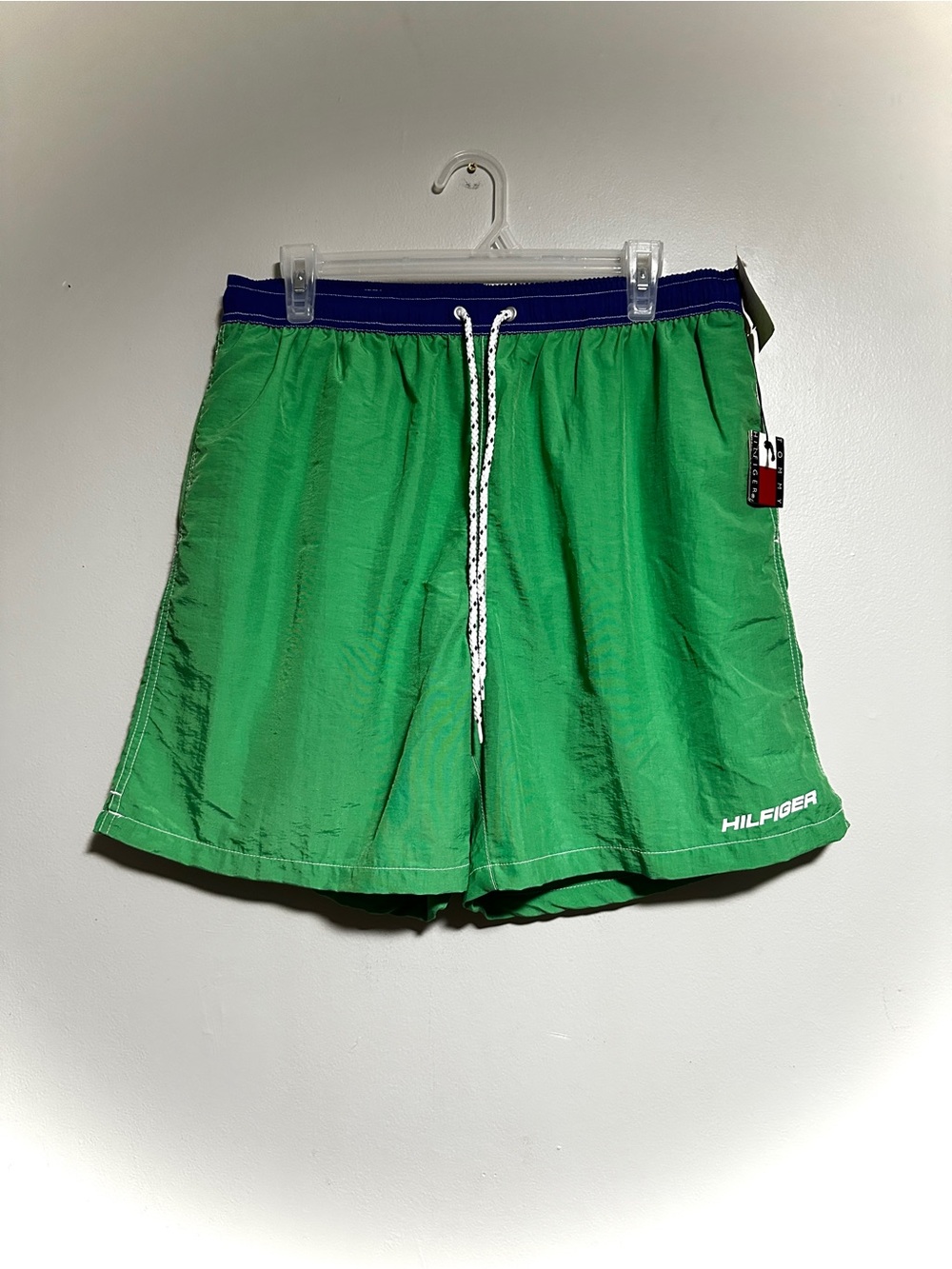 Vintage Tommy Hilfiger Green Swim Shorts with Blue Waistband